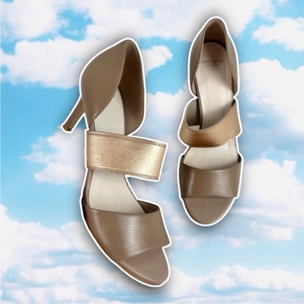 COLE HAAN Grand.OS Belline Metallic Leather Open Toe Pumps Stiletto Heels Taupe